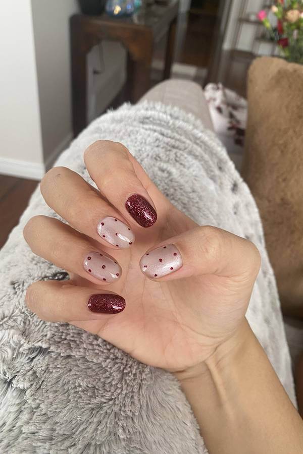 Burgundy Glitter and Polka Dot Nails