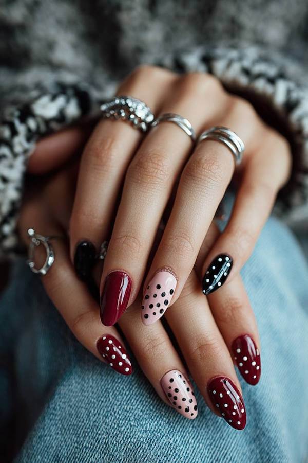 Wine and Black Winter Polka Dot Nails