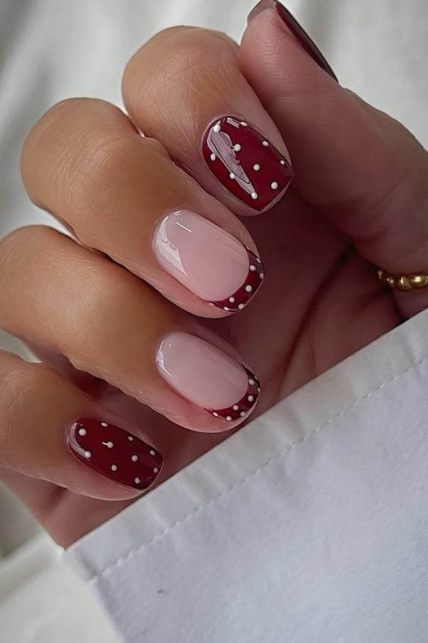 Burgundy Polka Dot French Tip Nails