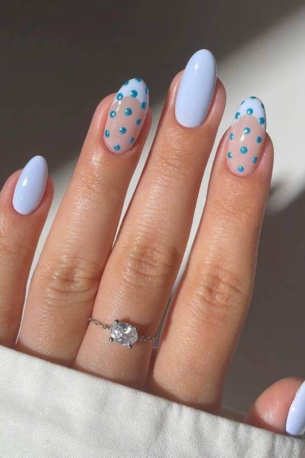 Icy Blue Polka Dot Almond Nails