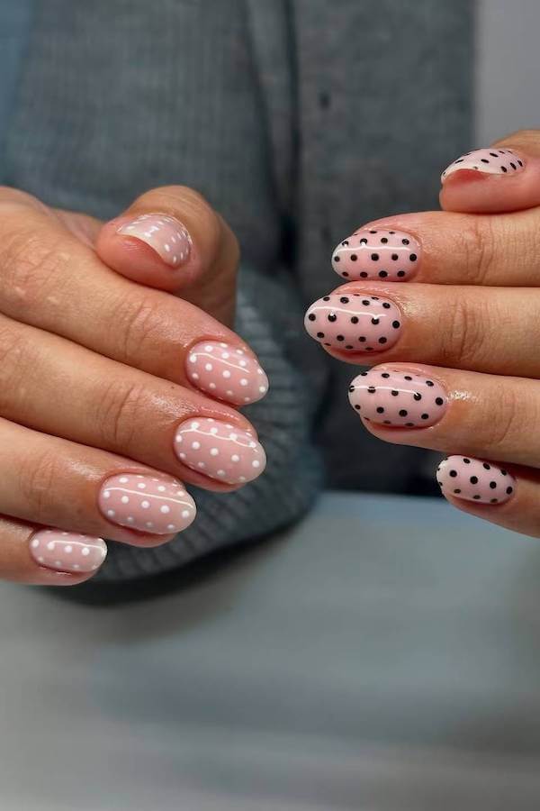 Soft Pink and Black Polka Dot Nails