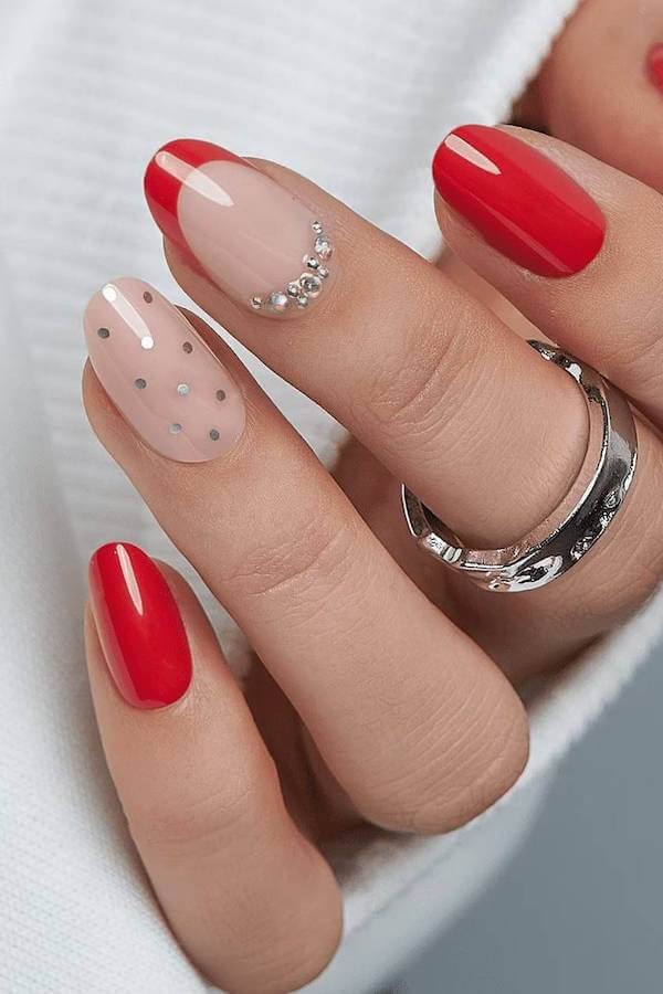 Red and Silver Polka Dot Accent Nails
