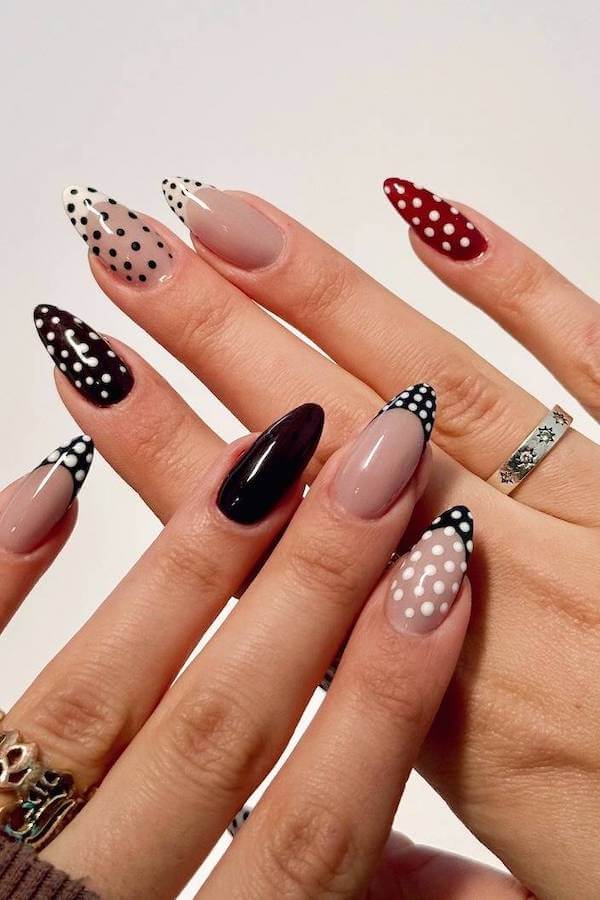 Mixed Pattern Polka Dot Tips and Solid Nails