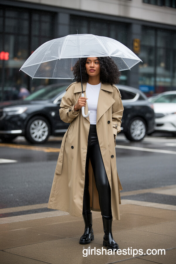 Chic Beige Trench Coat And Rain Boots