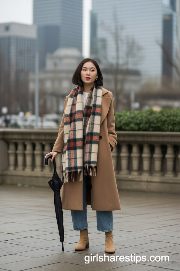 Camel Coat And Plaid Scarf Combo