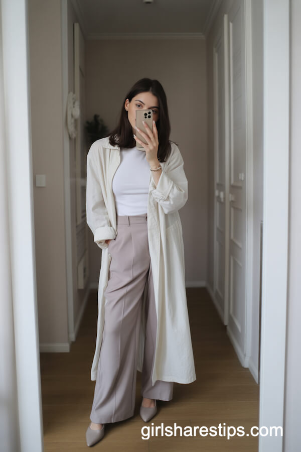 Minimalist Duster Coat And Wide Leg Trousers