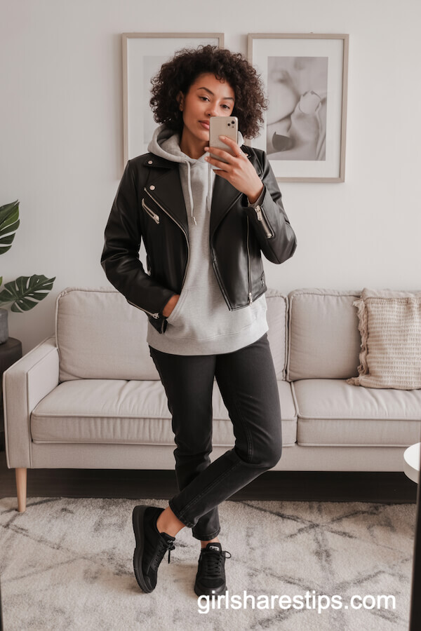 Leather Moto Jacket With Casual Hoodie