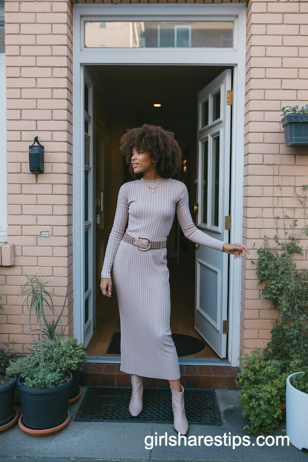 Ribbed Knit Midi Dress And Statement Belt