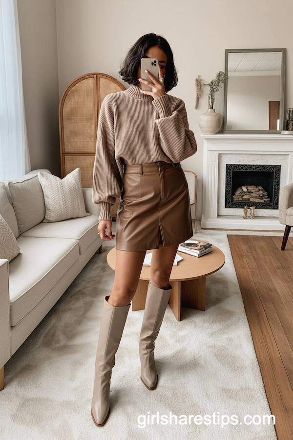 Puff Sleeve Sweater And Leather Mini Skirt
