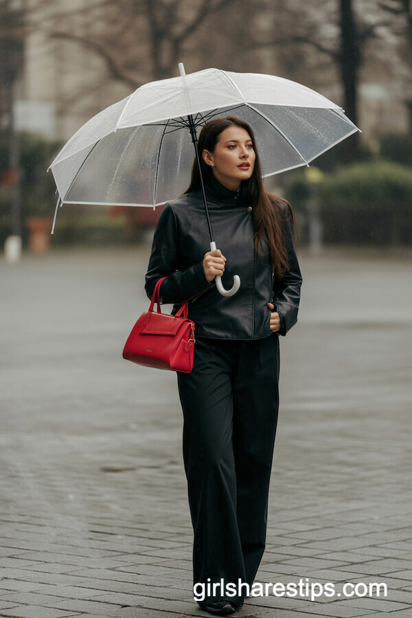 Black Leather Jacket And Red Handbag