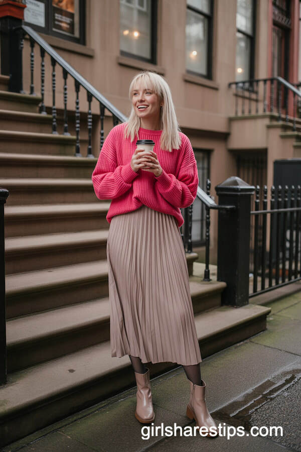 Cozy Knit Sweater With Pleated Skirt