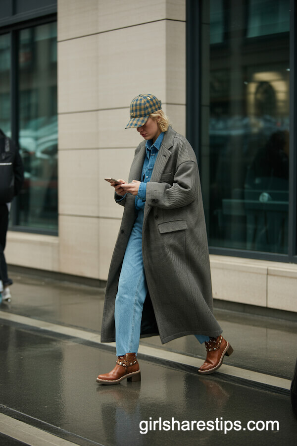 Oversized Wool Coat And Plaid Cap