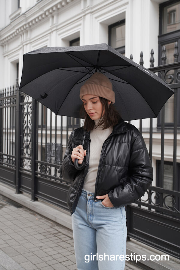 Leather Puffer Jacket And Knit Beanie