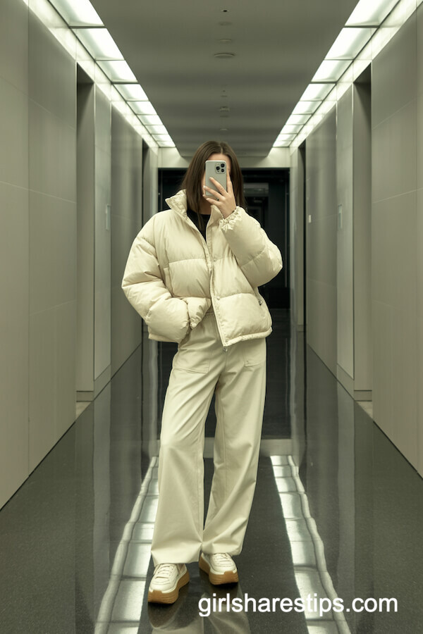 White Puffer Jacket And Platform Sneakers