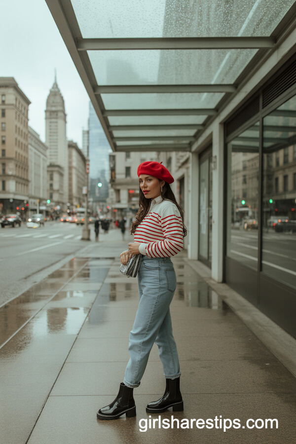 Parisian Striped Sweater And Red Beret
