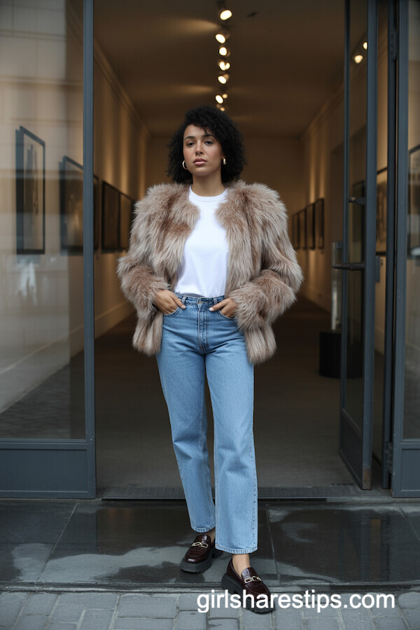 Faux Fur Jacket With Blue Jeans