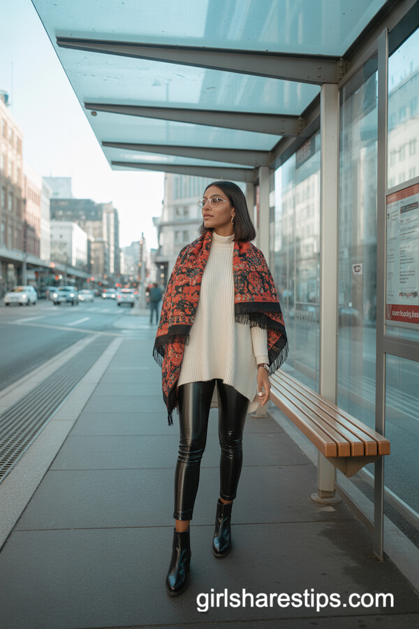 Bold Printed Scarf And Leather Leggings