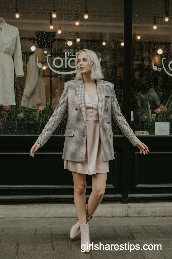 Plaid Blazer Over Pastel Mini Dress