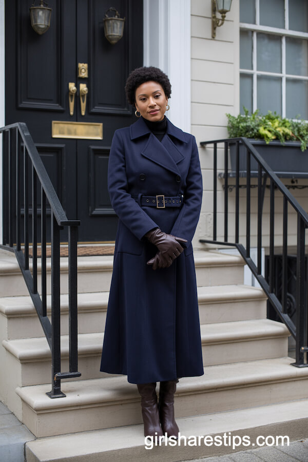 Navy Wrap Coat And Brown Boots
