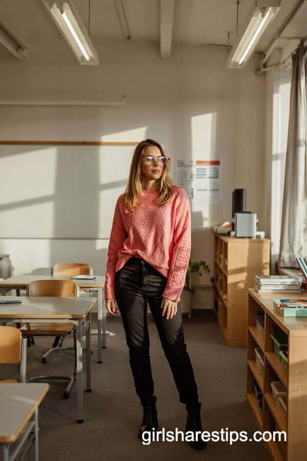 Pastel Pink Sweater with Black Pants