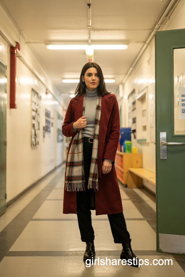 Burgundy Coat with Plaid Scarf