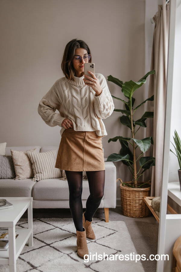 Cream Sweater with Suede Mini Skirt