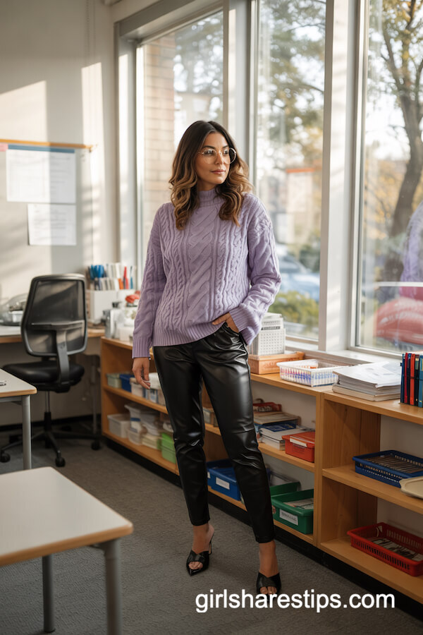 Lavender Pullover with Faux-Leather Pants