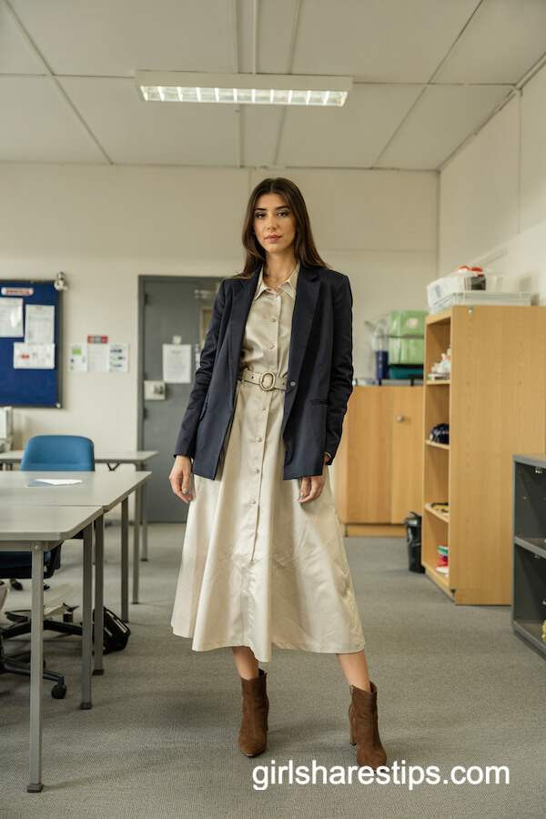 Belted Midi Dress with Navy Blazer