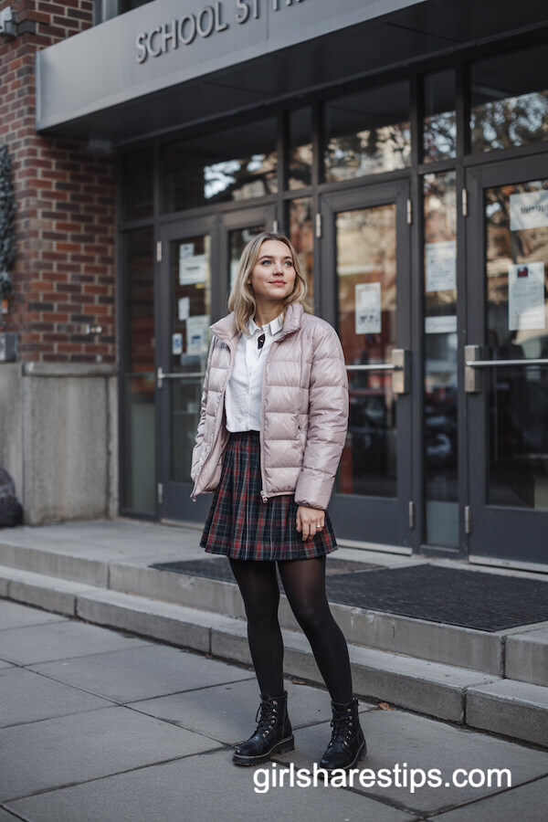 Light Puffer Jacket with Plaid Skirt