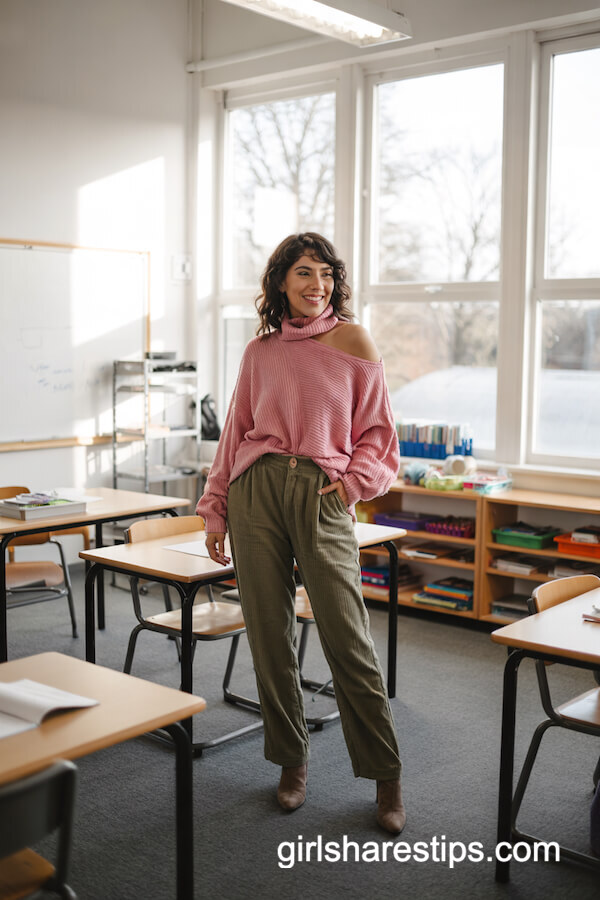 Pink Knit with Olive Corduroy Pants