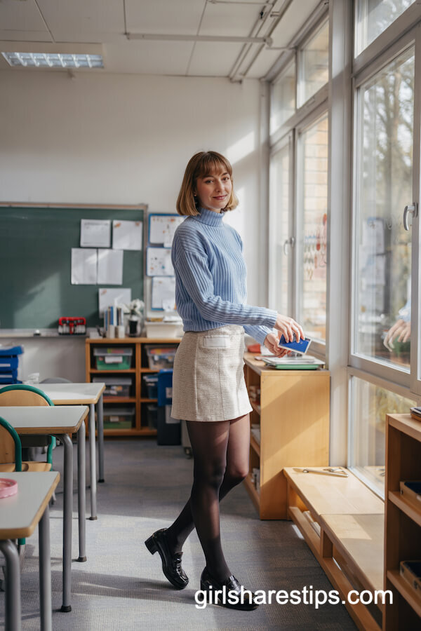 Tweed Skirt with Pastel Sweater