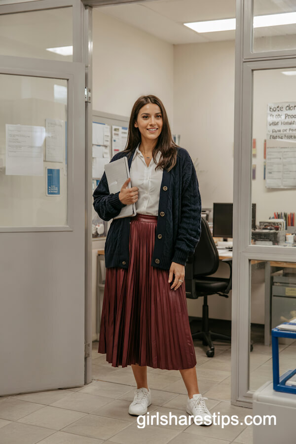 Chunky Navy Cardigan with Pleated Skirt