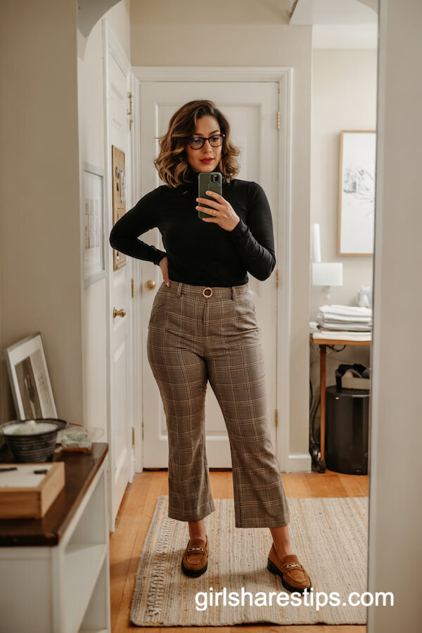 Black Turtleneck with Plaid Cropped Pants