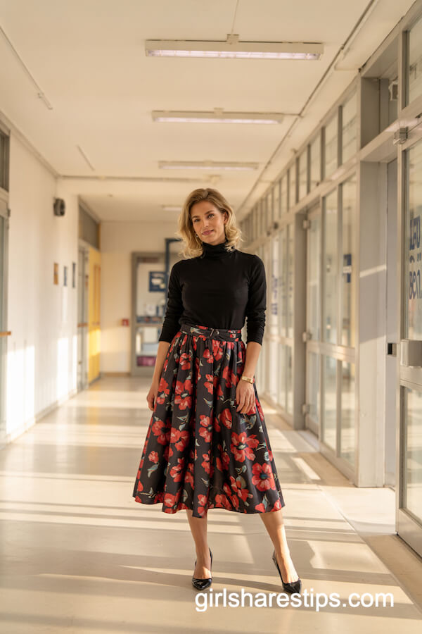 Floral Midi Skirt with Black Turtleneck