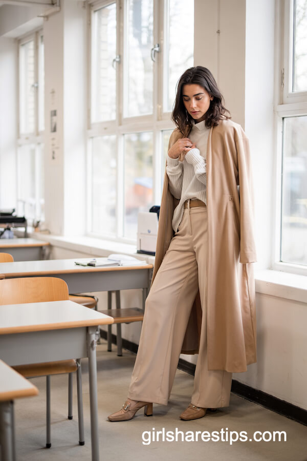 Camel Coat with Beige Wide-Leg Trousers