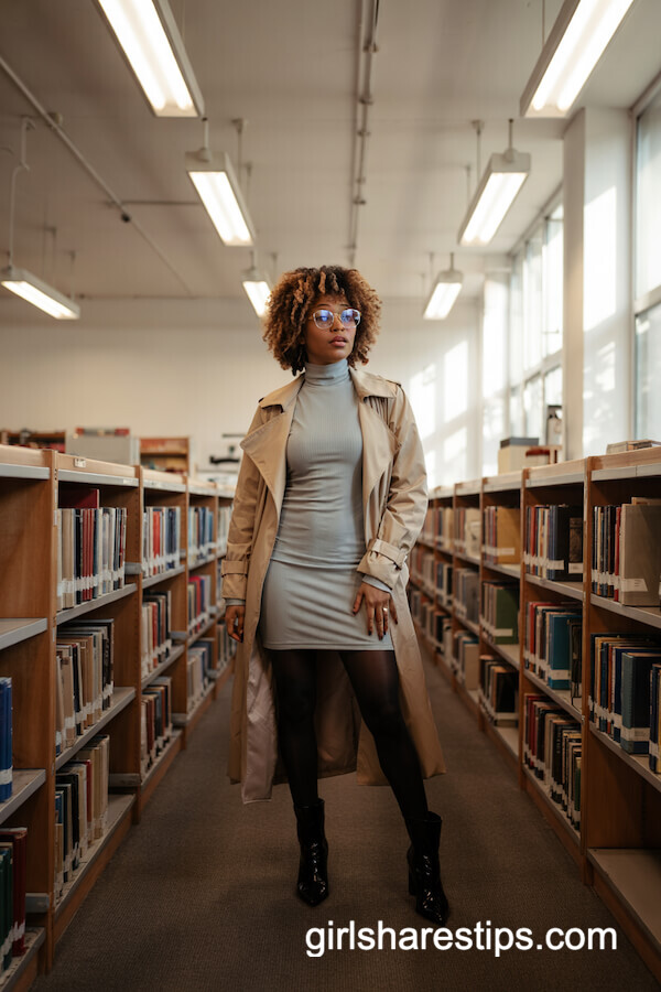Grey Turtleneck Dress with Trench Coat