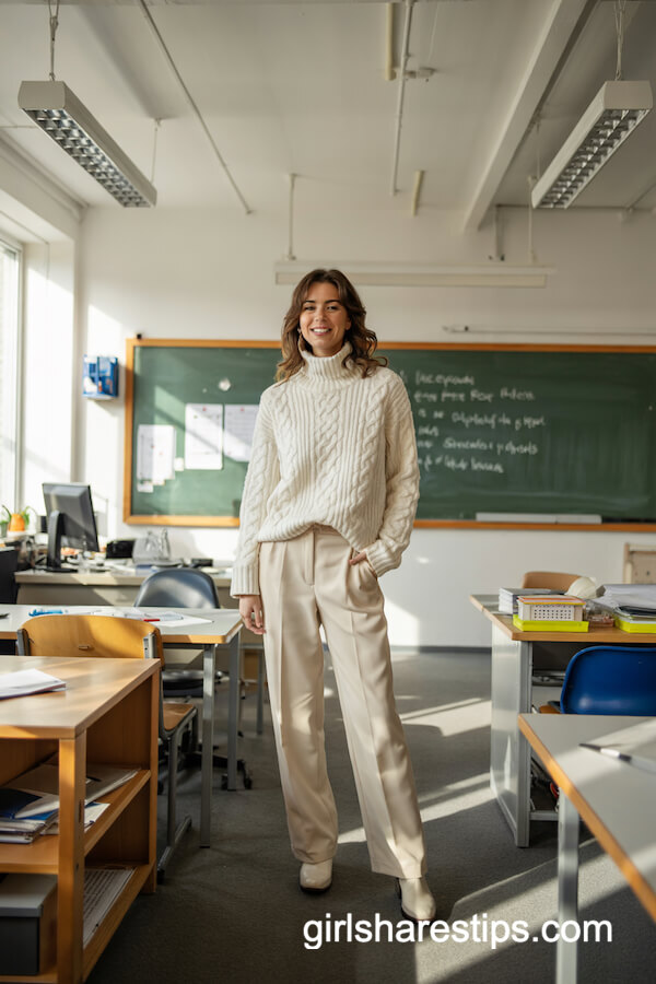 Ivory Knit Sweater with White Trousers