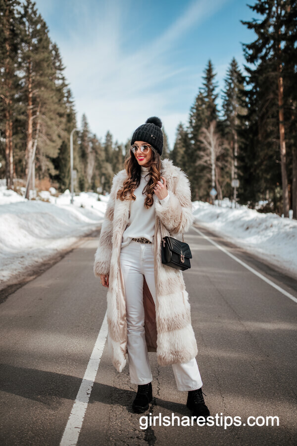 White Faux Fur Coat with Black Details