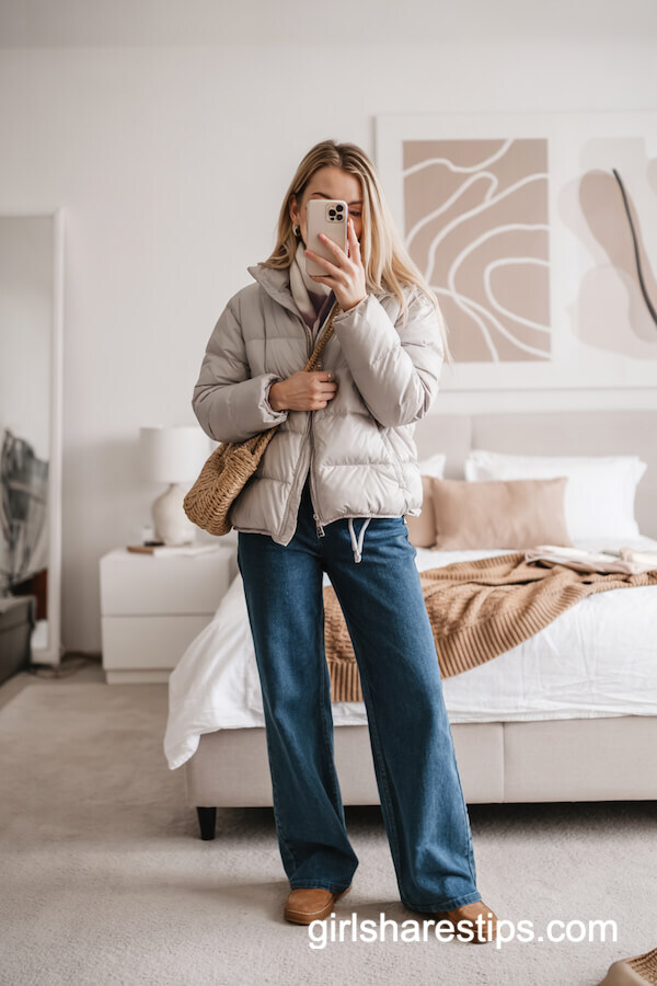 Light Grey Puffer Jacket and Wide Jeans