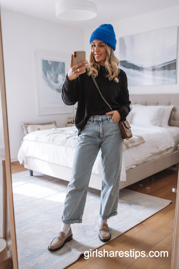Black Sweater and Wide-Leg Jeans