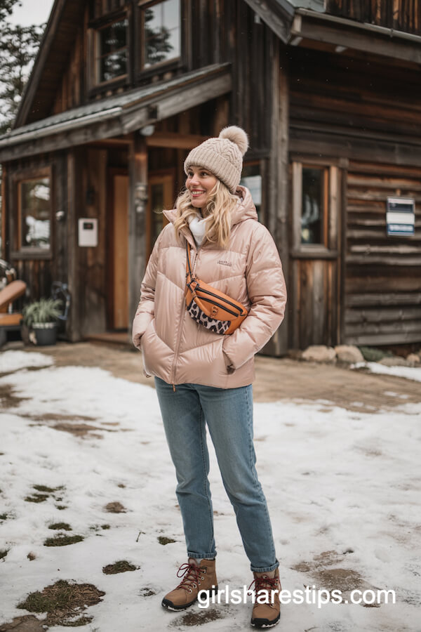 Peach Puffer Jacket and Jeans