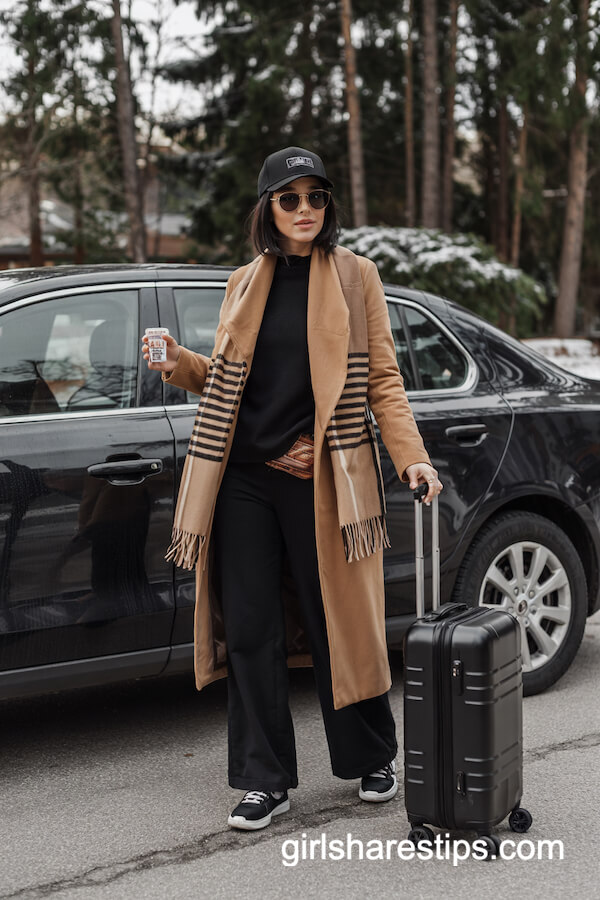 Camel Coat and Striped Scarf Combo