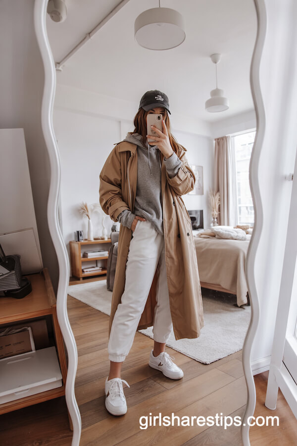 Camel Trench Coat and White Joggers
