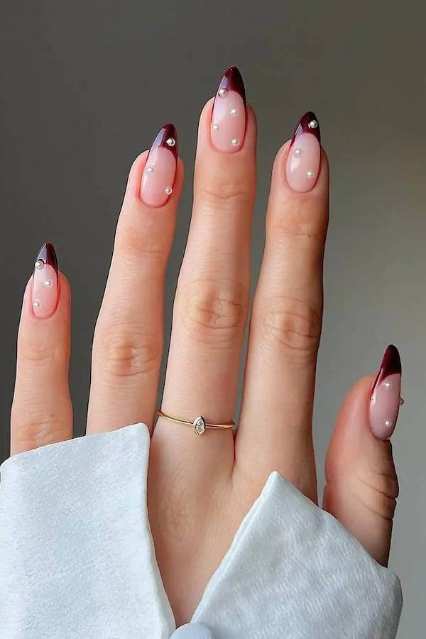 Burgundy French Tips with Pearl Accents