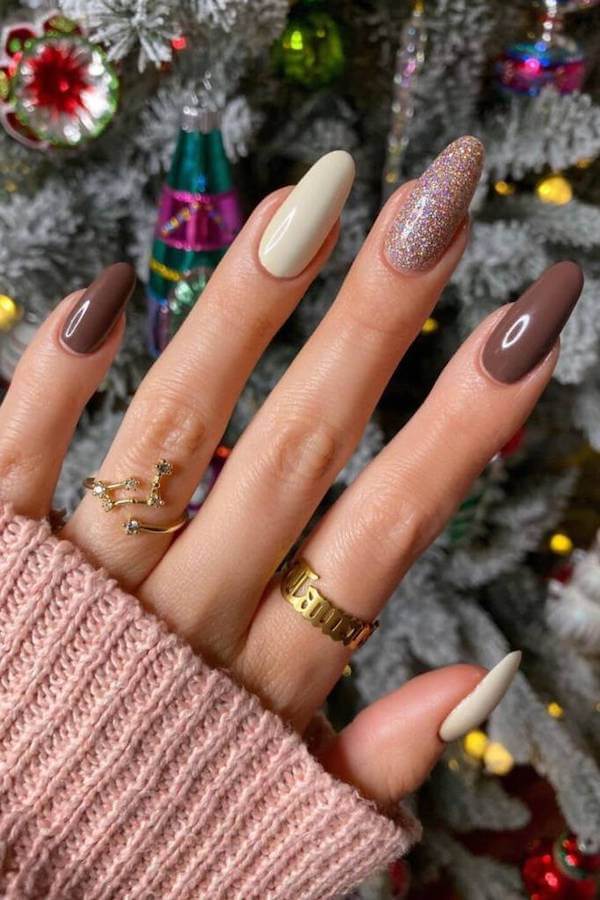 Brown and Nude Winter Nails with Glitter