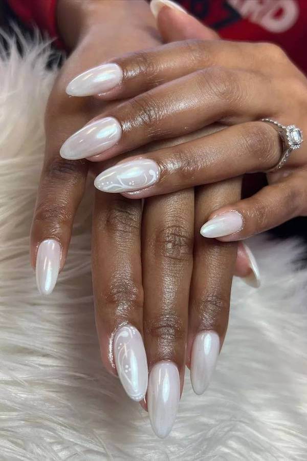 Pearlescent White Almond Nails