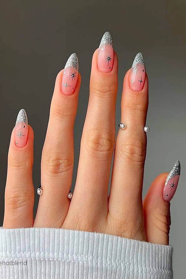 Silver Glitter Star French Tips