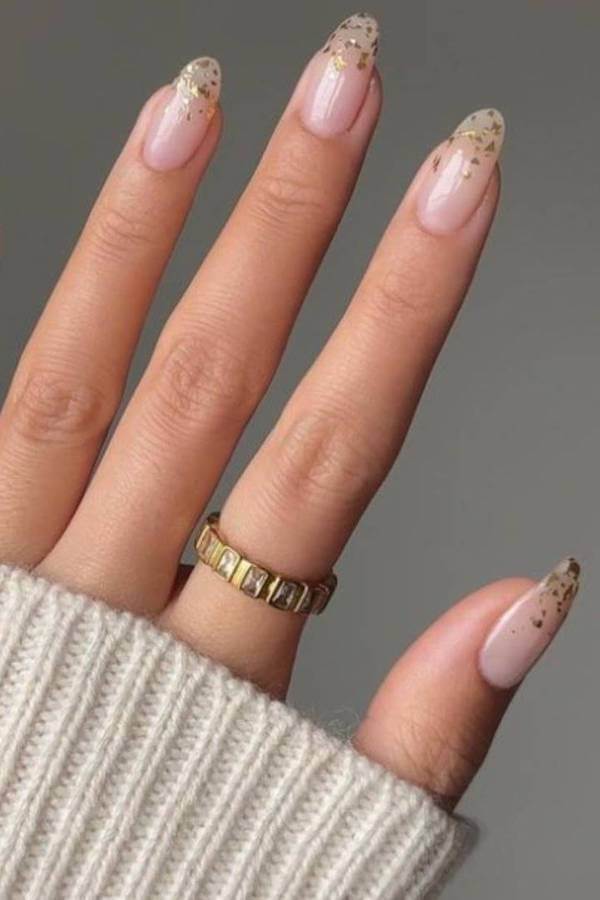 Nude Nails with Gold Confetti Tips