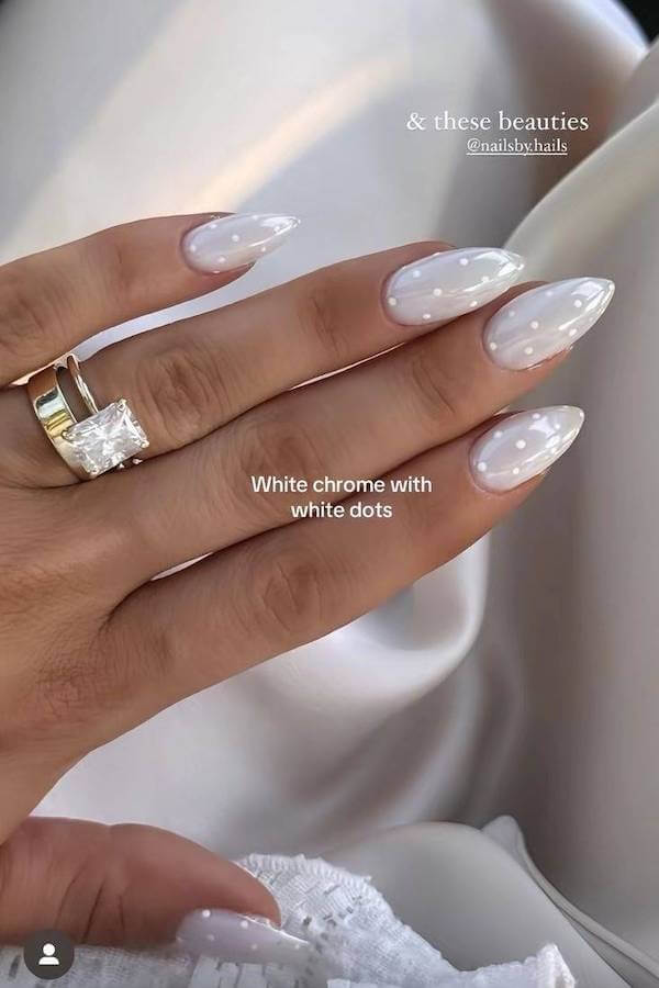White Chrome Nails with Dots