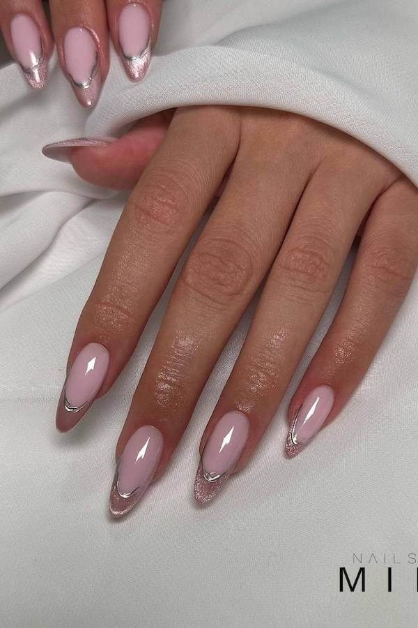 Silver-Tipped Pink Almond Nails